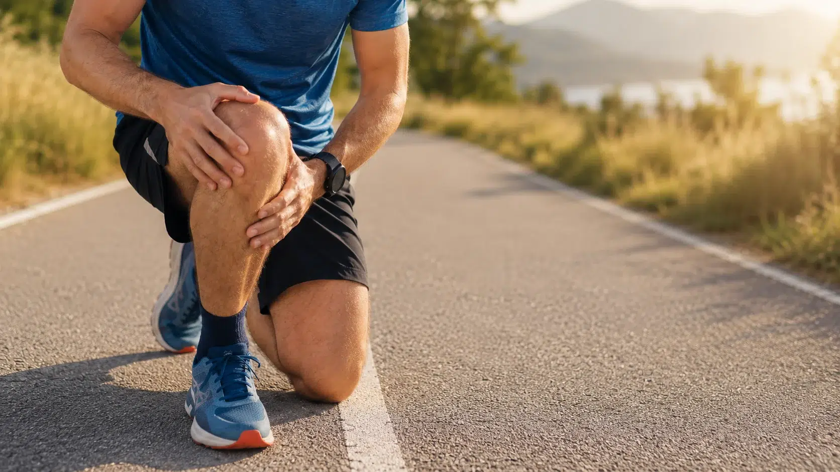 Runner holding the front of his knee on a road, representing runner’s knee and running-related knee pain.